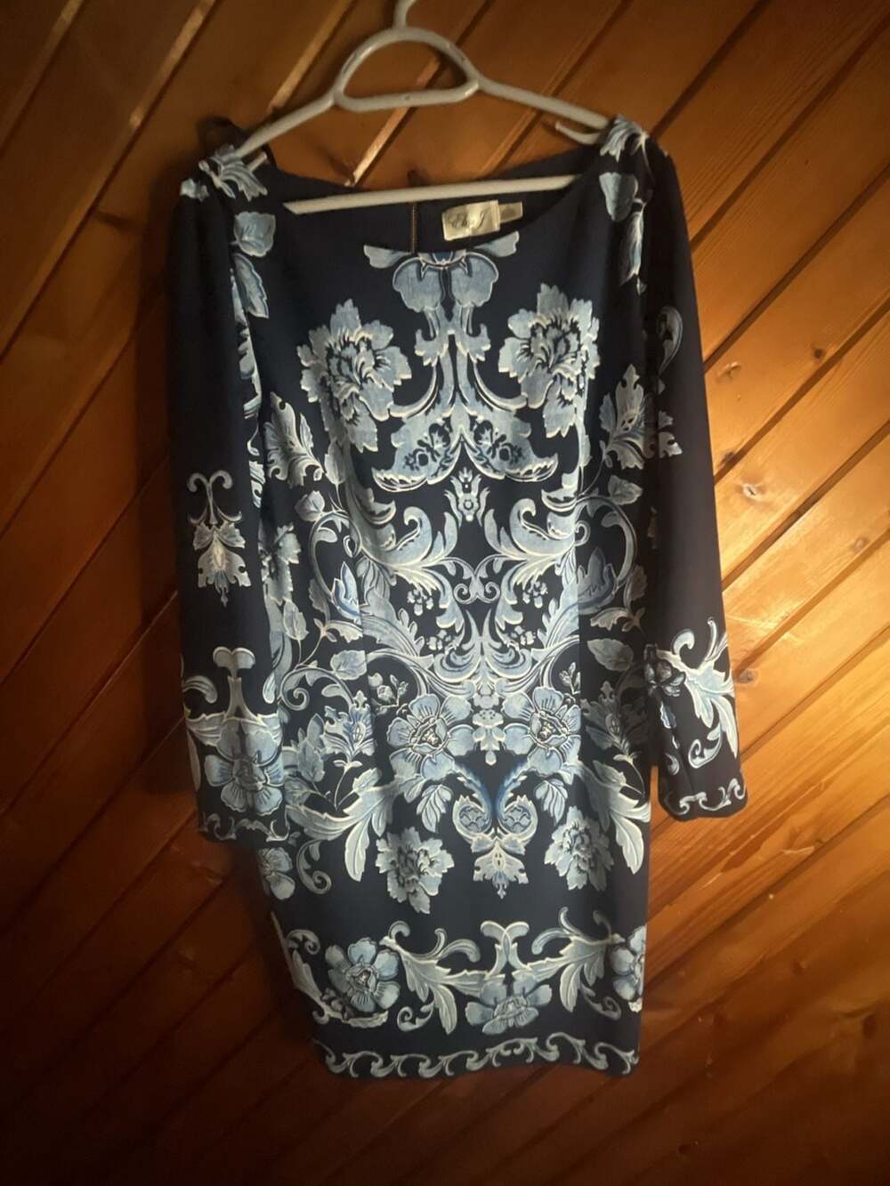 Eliza J Blue and White Damask Floral Pattern Long Sleeve Dress Size 16